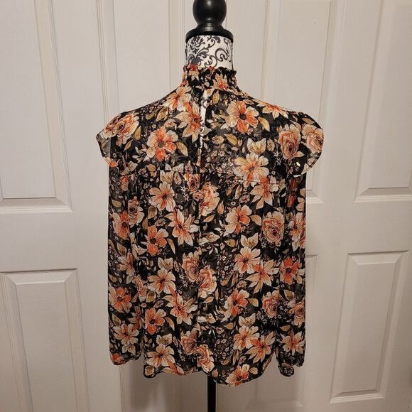 Black floral smocked‎ Neck long sleeve Blouse - Picture 3 of 10